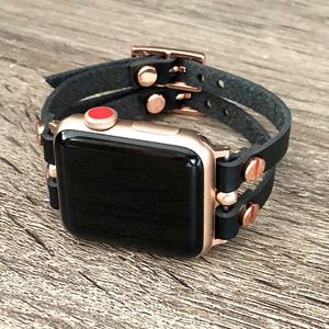 Black Leather & Rose Gold Apple Watch Band Strap